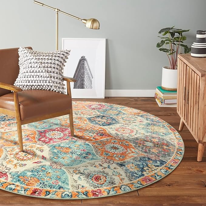 Lahome Moroccan Washable Round Area Rug, Soft Round Rugs 6ft Ultra-Thin Non-Slip, Vintage Distressed Large Circle Carpet for Bedroom Living Room Kitchen Nursery Elise, Burnt Orange