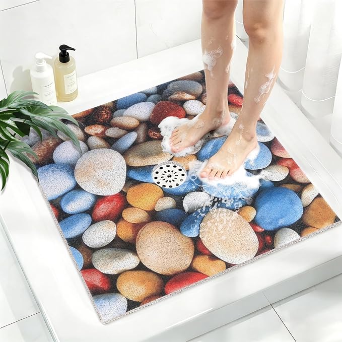 Square Shower Mat, Yonala 27 x 27 Inch Stylish Non Slip Shower Mats for Inside Shower with Central Drain Hole, Soft Trimmable PVC Loofah Anti Slip Shower Mat for Walk in Shower Stall, Quick Drying