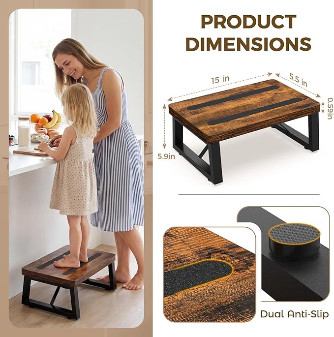 Step Stool, NomNest One Step Wooden Ladder Metal Foot Stool Small Kitchen Stool Helper for Toddler Adults, Ladder Chair for Home Bedside Bathroom Sink Potty