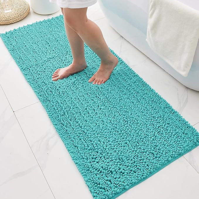 Bathroom Rugs Non Slip Washable 55x24, Extra Thick Soft Chenille Absorbent Bath Mat, High Density Barrier Non Slip Backing, Quick Dry Plush Shaggy Floor Carpet for Tub&Shower, TealBlue