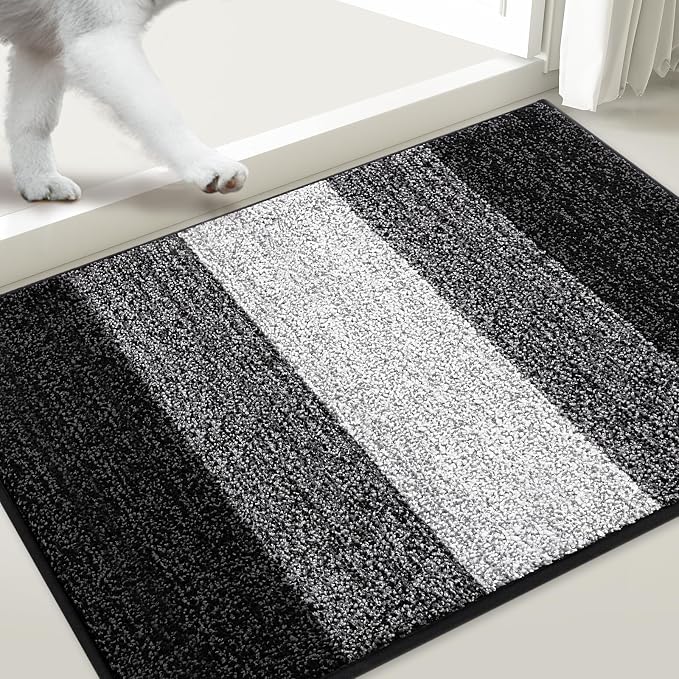 Smiry Dog Door Mat for Muddy Paws, Absorbs Moisture and Dirt, Low-Profile Entryway Mat with Non-Slip Backing, Entry Indoor Outdoor Doormat for Inside Floor (59x35 Inches, Black, Striped)