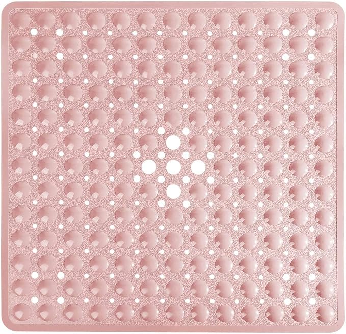 Yimobra Shower Stall Mat Non Slip, 21X21 Inch, Soft Square Bath Mat for Shower with Suction Cups and Drain Holes, Stall Floor Mats for Bathroom, Machine Washable, Bathroom Accessories, Pink
