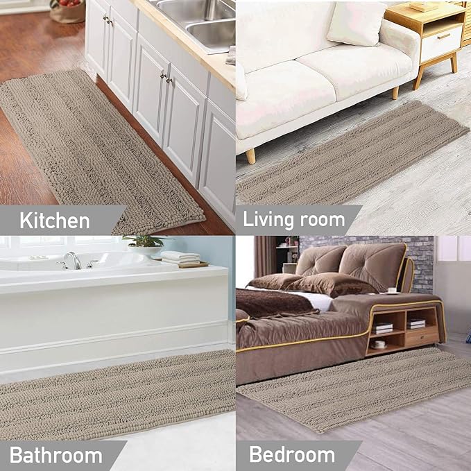 Turquoize Non-Slip Soft Chenille Bath Mat High Water Absorbent for Bath Room/Kitchen Machine-Washable, Perfect for Doormats,Tub,Size 47" X 17",Striped Pattern,Taupe