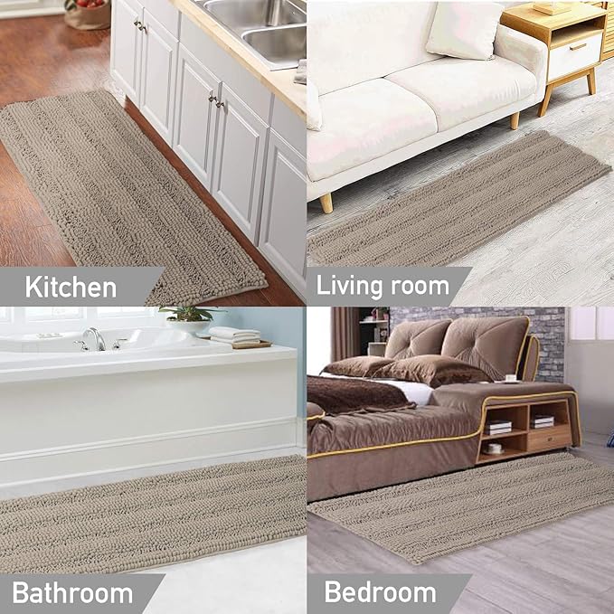 Turquoize Non-Slip Bath Runners for Bathroom Luxurious Chenille Area Rug for Kitchen Machine Washable Bath Mats for Door Mats/Tub,Size 59x20 Inch, Taupe