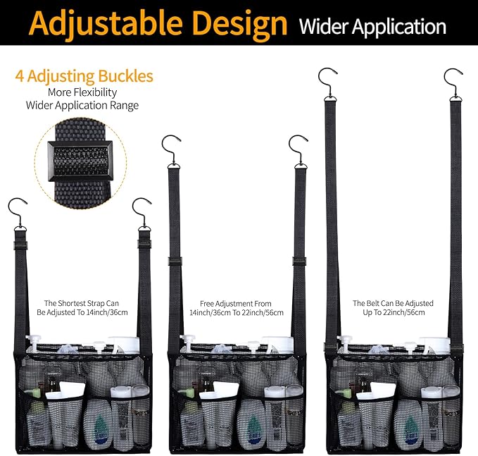 4 Storage Pockets Adjustable Hanging Mesh Bathroom Bag, Shower Caddy College with Hooks, Applied to College Dorm Rooms, Gym, Swimming and RV Travel (Black)