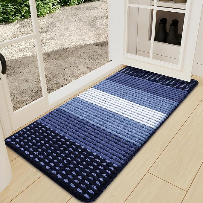 Kitinjoy Indoor Outdoor Door Mat, 47x24 Non-Slip Absorbent Dirt Trapper, Low-Profile Washable Inside Entrance Front Floor Mat, Sturdy Soft Entry Dotted Ombre Doormats for Entryway, Navy Blue