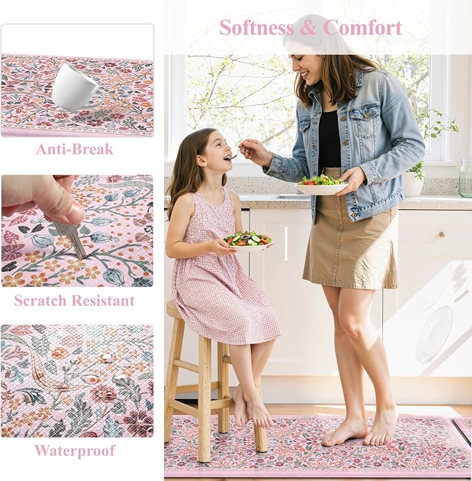 Collive Kitchen Mats Cushioned Anti Fatigue, Waterproof Kitchen Floor Mat Non Slip Desk Rugs Comfort Standing Rug for Sink, Office, Laundry, Home Decor, Pink