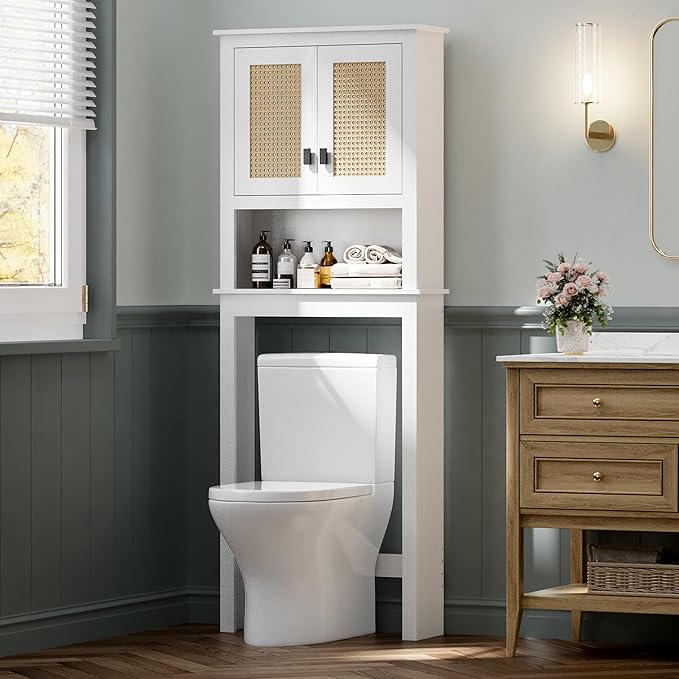 GarveeHome Over The Toilet Storage Cabinet, Farmhouse Over Toilet Bathroom Organizer with Rattan Doors, Freestanding Wood Above Toilet Storage Cabinet with Adjustable Shelf, White