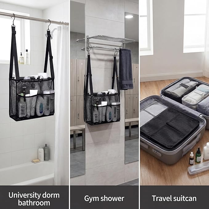 Hanging Mesh Shower Caddy With 4 Storage Pockets & Hooks, Adjustable Hanging Shower Storage Organizer for College Dorm, Gym, Swimming & RV Travel