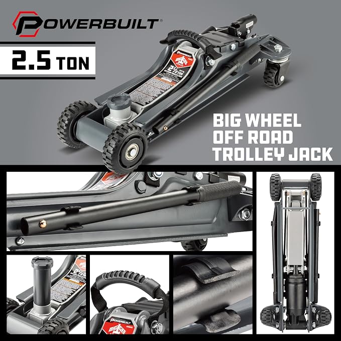 Powerbuilt Biggie Smalls 2.5-Ton Off-Road Trolley Jack with 4" Oversized Wheels, Saddle Extension, Integrated Handle Storage, Portable Design for SUVs, Trucks, and Off-Road Vehicles 620683ECE