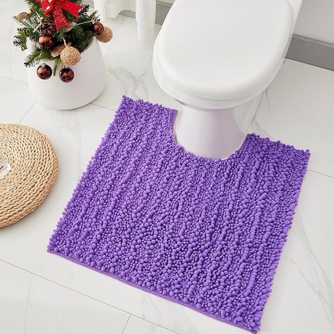 Toilet Rugs U-Shaped Mat 24x24, Contour Bathroom Mat - Ultra Soft & Absorbent Chenille, Quick-Dry, Machine Washable with Non Slip Barrier Backing, Purple