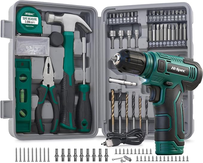 Hi-Spec 8V Cordless Drill Set & Tool Kit for Men – Power USB Rechargeable Electric Drill Driver, Compact Hand Toolbox with Essential Tools, Green, Ideal for Home Improvement