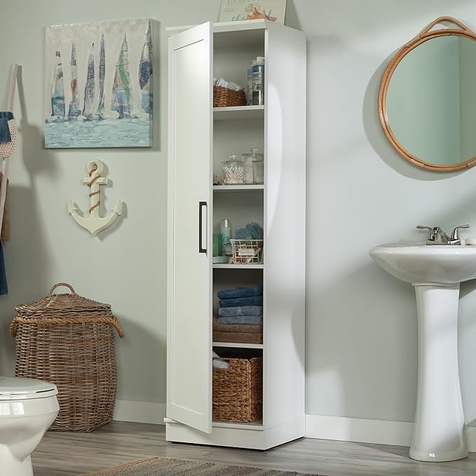 Sauder HomePlus Narrow Pantry Storage Cabinet Slim Single Door with Adjustable Shelves, Kitchen Storage Cabinet, in Soft White