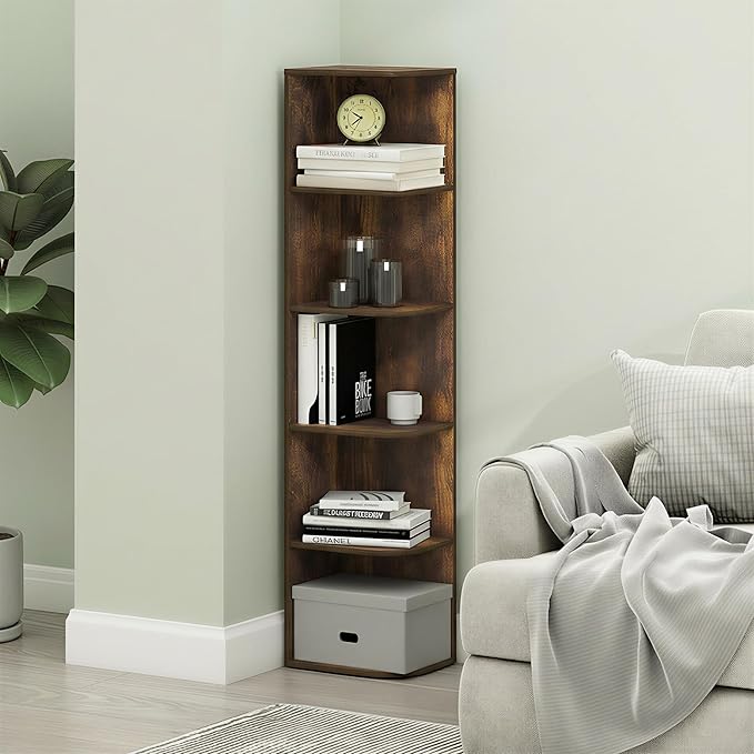 Furinno PASIR Book Shelf, 5-Tier Corner Bookshelf with Open Shelf, Standing Bookcase, 9.3 x 12 x 51.7, for Organization and Storage, for Living Room, Bedroom, Home Office, Amber Pine