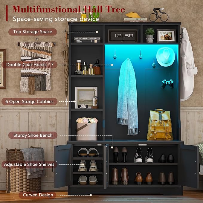 CSZZD Hall Tree with Bench and Shoe Storage, Farmhouse Entryway Bench with Coat Racks and Led Lights, Black Tall Hall Tree with 7 Coat Hooks, 6 Storage Cubbies, Adjustable Shelf