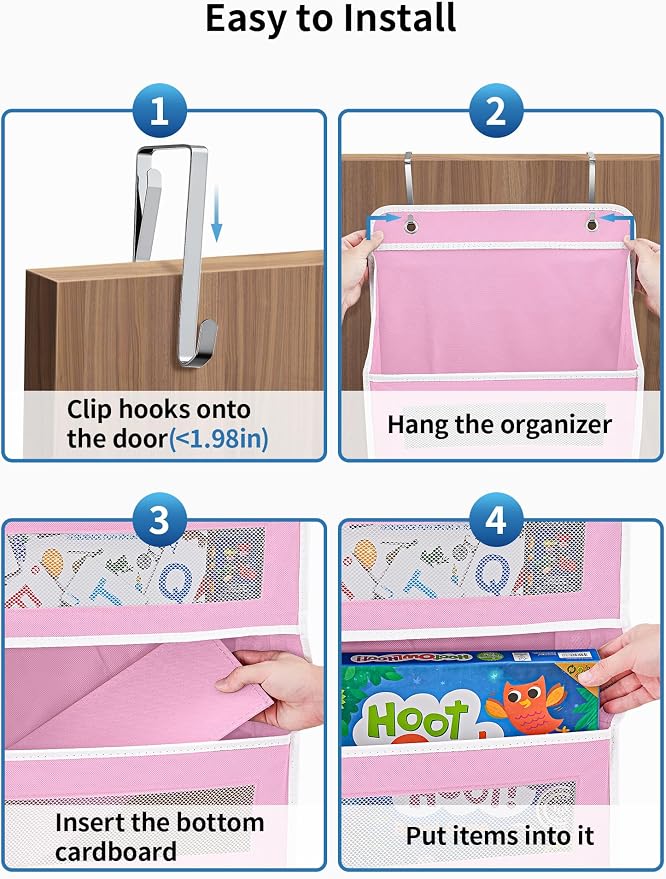 JARLINK Over The Door Organizer Storage, 5 Shelf Hanging Door Organizer with 5 Large Capacity Pockets, Anti Tilt 44 lb Load Behind Door Storage for Bedroom, Bathroom, Pantry, Nursery, (Pink)