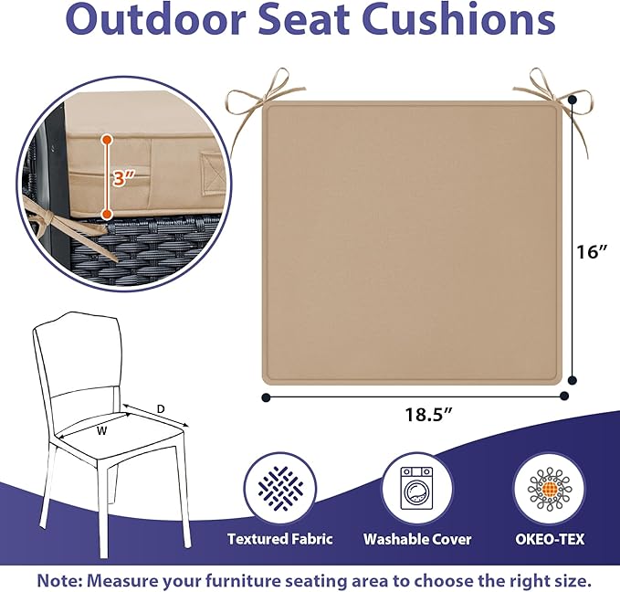 IPYNBAP Outdoor Chair Cushions Set of 4 -Waterproof Outdoor Seat Cushions for Patio Furniture, Patio Chair Cushion with Handle and Ties, Out Door Chair Pads,18.5x16x3-Square, Beige