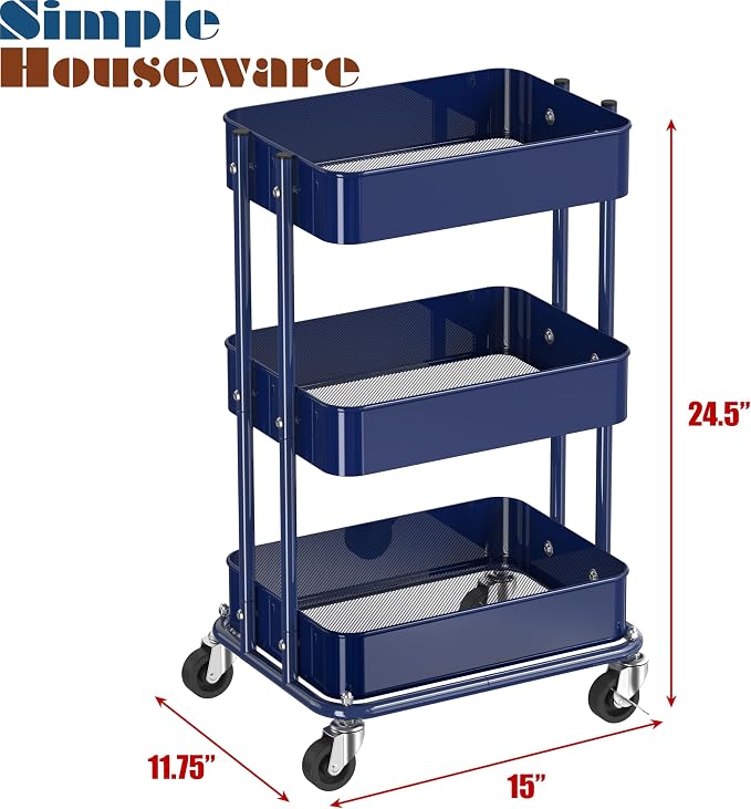 Simple Houseware 3-Tier Compact Utility Rolling Cart, Low 24” Height Fits Under Desk, Space-Saving Storage for Home Office, Dining Room, or Kitchen, Navy