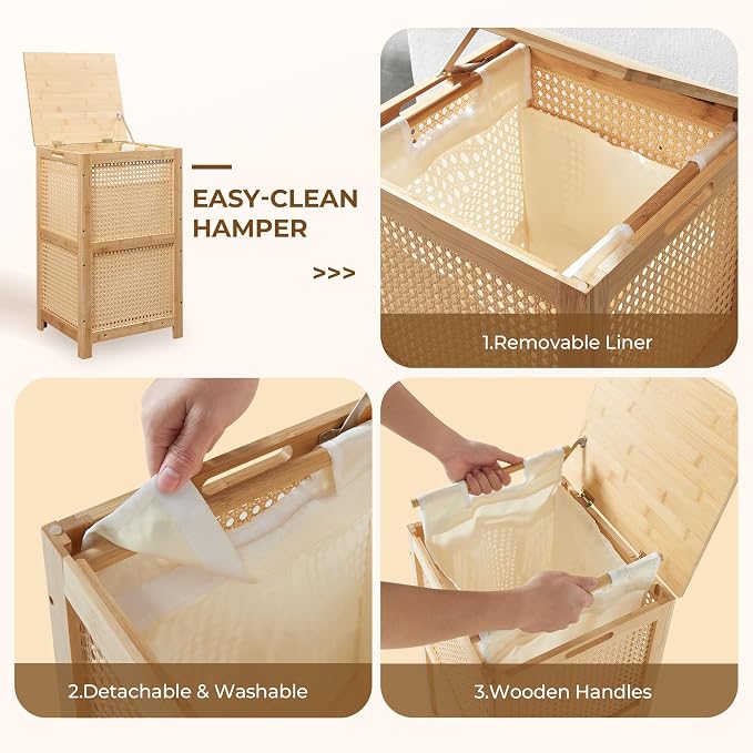 TIOPGHAD Bamboo-Laundry-Hamper-Wicker-Basket-with-lid Large Wood Laundry Hampers Basket Bin Storage Organizer for Dirty Clothes, Laundry Room, Bathroom, Bedroom, Living Room(13Gallon/50L)