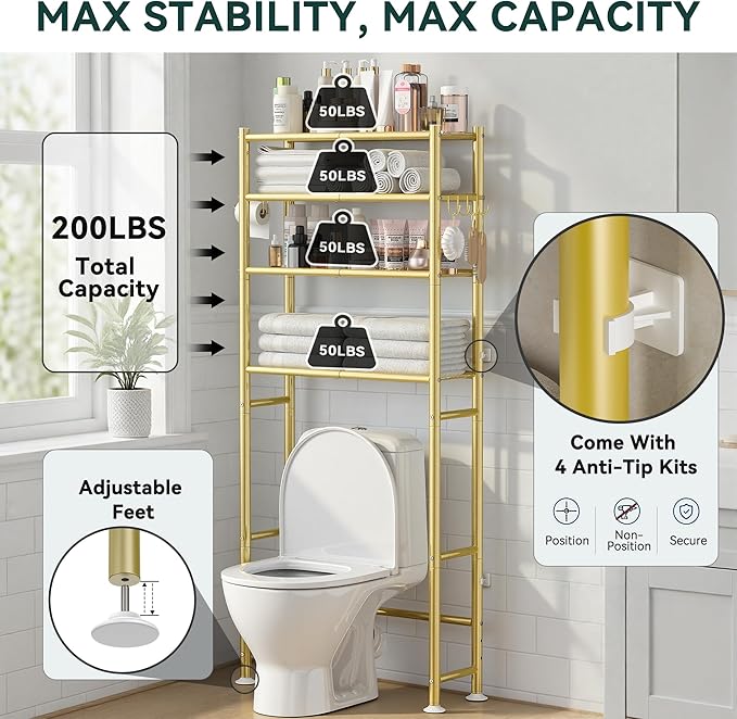 GloTika 4-Tier Over The Toilet Storage, 200lb Total Capacity Metal Bathroom Organizer with 36" Clearance, Includes Paper Holder & 4 Hooks, Space Saving Rack for Bathroom Laundry Room (64" H, Gold)