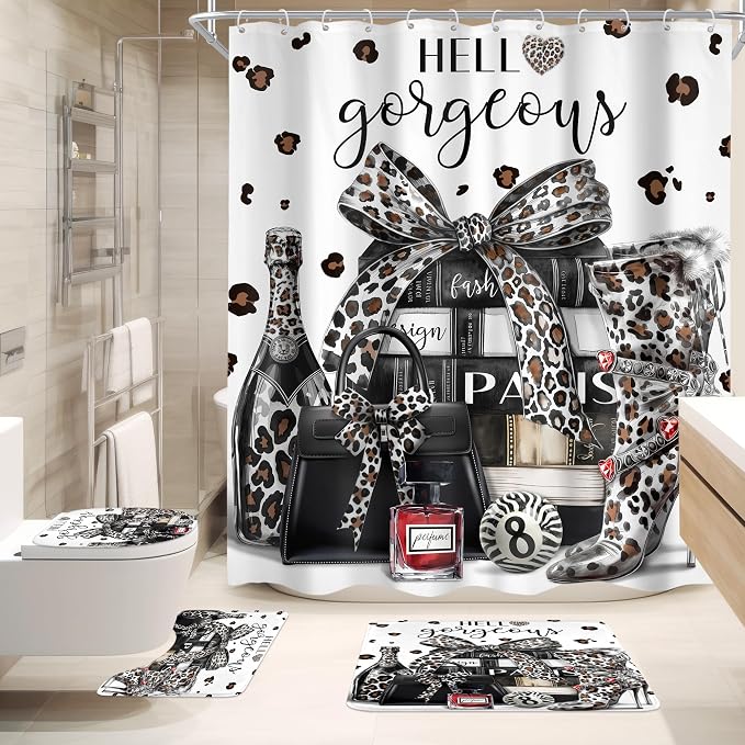 4Pcs White Black Leopard Shower Curtain Set,Cheetah Fashion Luxury Magazine Books Perfume High Heels Bathroom Curtain with Rug, Toilet Lid Cover, Bath Mat,Girls Shower Curtain with 12 Hooks