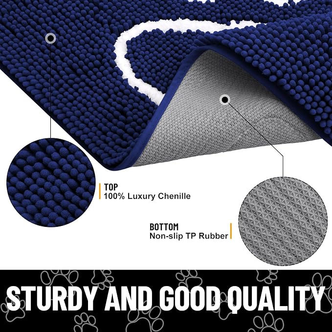 Smiry Dog Door Mat for Muddy Paws, Absorbent Dirt Trapper Non Slip Quick Dry Washable Chenille Mat for Mud Dogs, Entry Rug for Indoor and Outdoor (47x32 Inches, Navy Blue and White)
