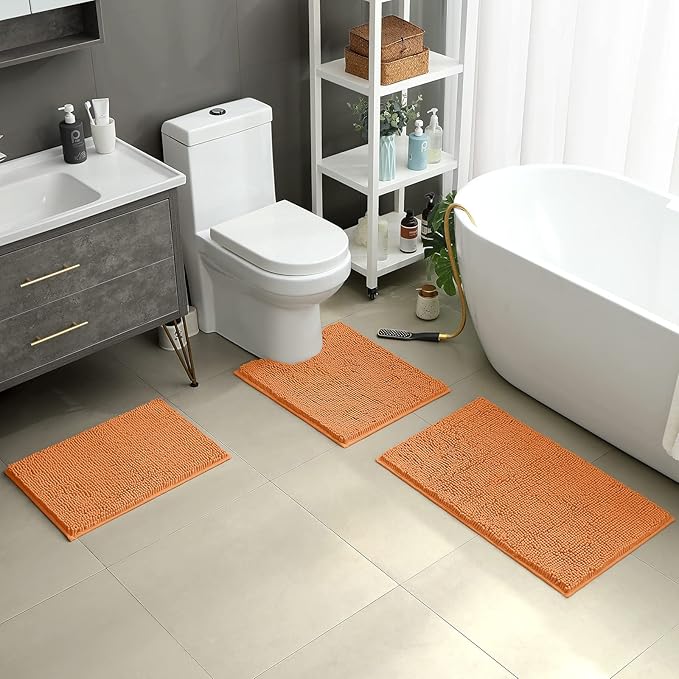 HOMEIDEAS 3 Pieces Bathroom Rugs, Ultra Soft Non Slip Absorbent Chenille Toilet Bath Mat Set (Orange)