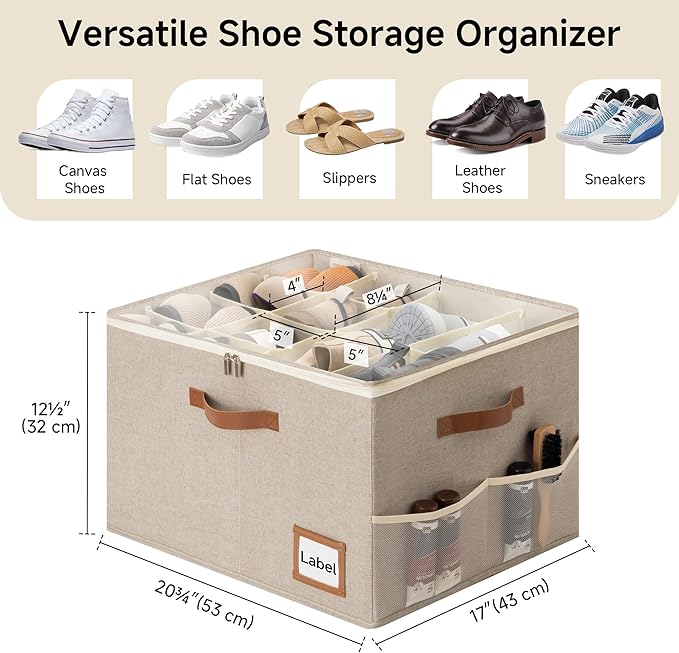 StorageWorks Shoe Organizer for Closet, 2 Pack Shoe Storage Boxes with Clear Lid, Stackable Shoe Storage Organizer for Sandals and Slippers, Fabric Shoe Bins for Closet, Holds 16–32 Pairs, Taupe