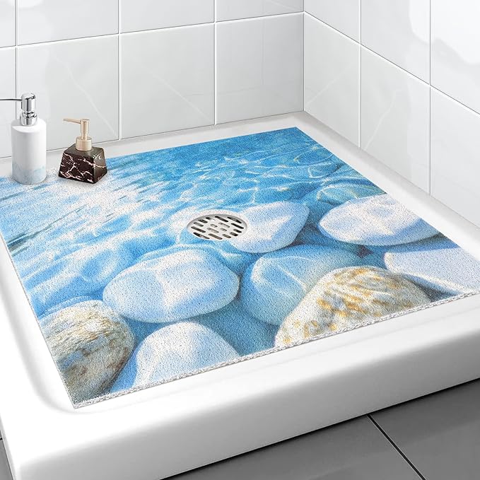 Square Shower Mat, Yonala 24 x 24 Inch Stylish Non Slip Shower Mats for Inside Shower with Central Drain Hole, Soft Trimmable PVC Loofah Anti Slip Shower Mat for Walk in Shower Stall, Quick Drying