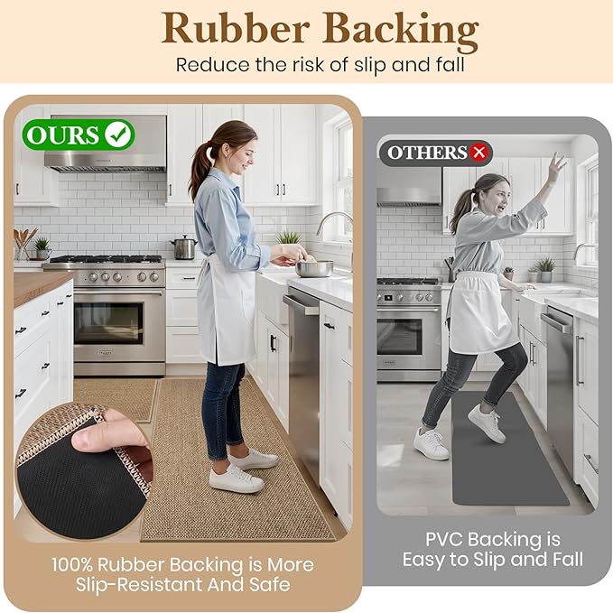Kitchen Rugs and Mats, Non Slip Washable Set of 2 PCS, Absorbent Kitchen Mats for Floor, Kitchen Runner Rug, Rubber Backing, for Kitchen Decor, Front of Sink (Khaki, 20’’*32’’+20’’*60’’)
