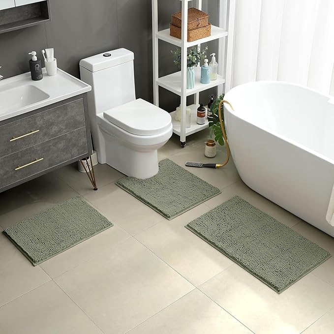 HOMEIDEAS 3 Pieces Bathroom Rugs, Ultra Soft Non Slip Absorbent Chenille Toilet Bath Mat Set (Sage Green)
