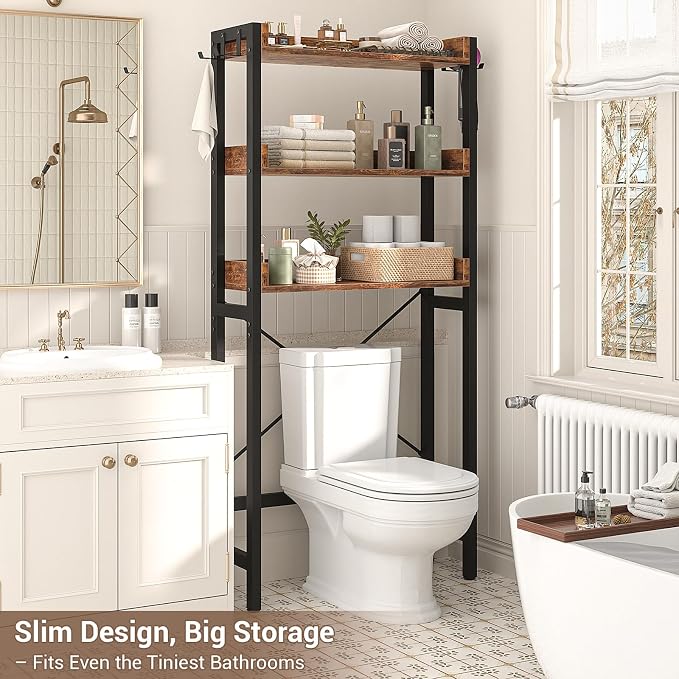 Besiost Over The Toilet Storage Rack - 3 Tier Bathroom Organizer with Shelves, Freestanding Space Saver Storage Rack Above Toilet Stand with 4 Hooks for Restroom, Laundry, Rustic Brown