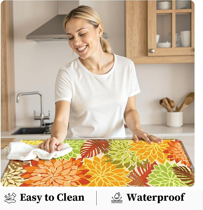 Arenarug Kitchen Mats for Floor 2PCS Cushioned Anti Fatigue Kitchen Mats Waterproof Non Slip Kitchen Rug Set Foam Standing Mat for Sink, Laundry, Office, 24"x39"+24"x59", Maple Orange