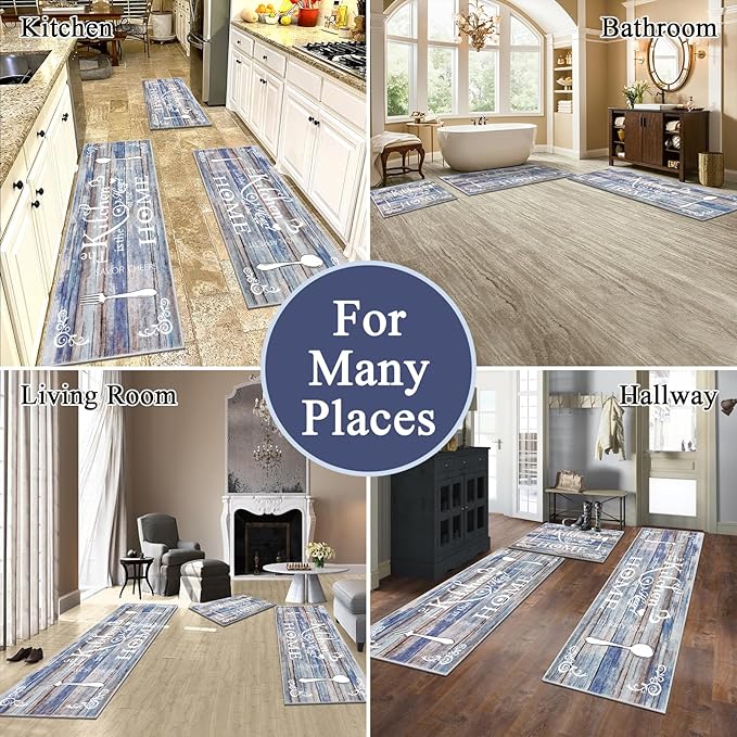 Vaukki Boho Kitchen Rug Sets 3 Pieces, Washable Kitchen Mats for Floor, Non Slip Soft Kitchen Area Rug Floor Mat for Kitchen, Laundry Room and Hallway (Blue and Brown, 20''x32''+20''x47''+20''x59'')
