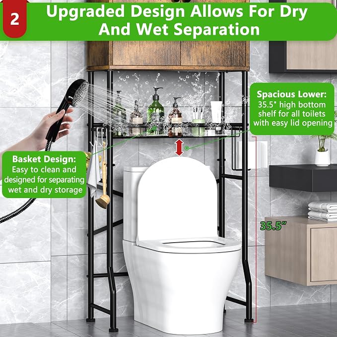 Over The Toilet Storage Cabinet - 2-Door Bathroom Organizer Shelf, Freestanding Space-Saver Toilet Rack with Privacy Protection, Water-Resistant Above Toilet Storage Cabinet for Small Bathrooms(Brown)