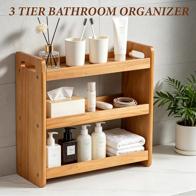 Bathroom Counter Organizer, 3 Tier Bathroom Countertop Organizer, Bathroom Counter Shelf, Wooden Makeup Organizers Countertop, Bathroom Vanity Organizers and Storage for Bedroom, Gifts
