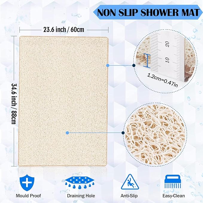 godehone Shower Mats Non Slip Without Suction Cups, PVC Loofah Bathroom Mats, Loofah Mats for Shower and Bathroom, Quick Drying, 23.6× 34.6 Inch, Beige
