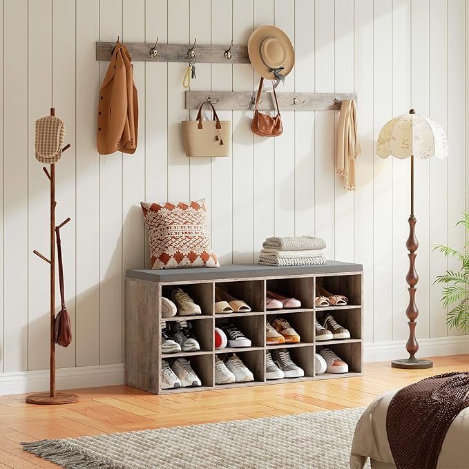 HOOBRO Shoe Storage Bench with Cushion, 39.4" L Entryway Bench with 12 Cubbies, Entryway Hall Tree with Storage, Shoe Cabinet with Coat Rack for Bedroom, Hallway, Holds up to 330 lb, Gray GY112HX01