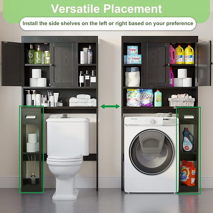 Over The Toilet Storage Cabinet with 7 Shelves, Imitation Walnut Grain Above Toilet Bathroom Organizer with Toilet Paper Holder Stand, Space Saver for Restroom, Laundry, Bathroom (Black)