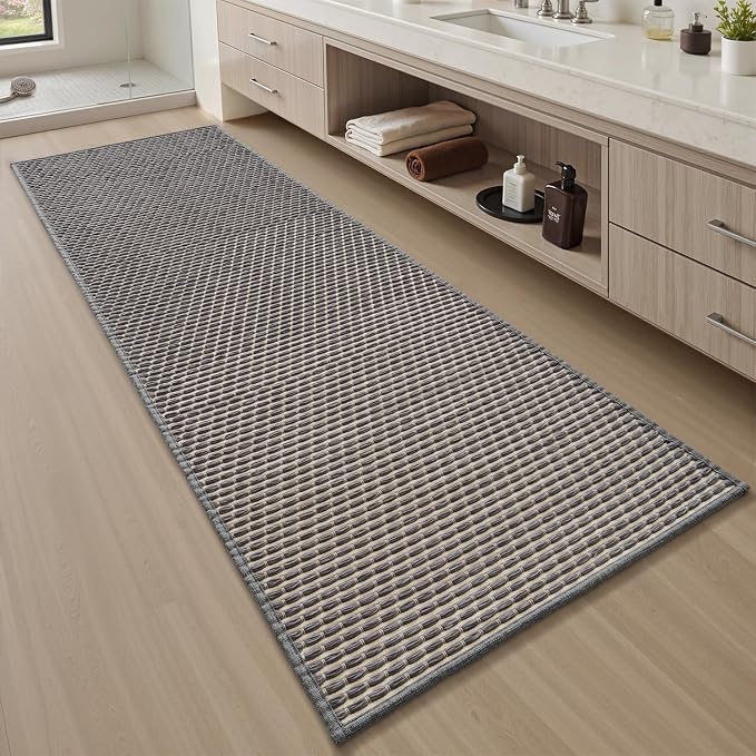 AMOAMI Unique Woven Bathroom Runner Rug, Super Absorbent Non Slip Bath Mats for Bathroom Textured Bathroom Mat Quick Dry Boho Rugs Runners for Hallyways Kitchen Bedroom Beside Tub, 2' x 4', Grey