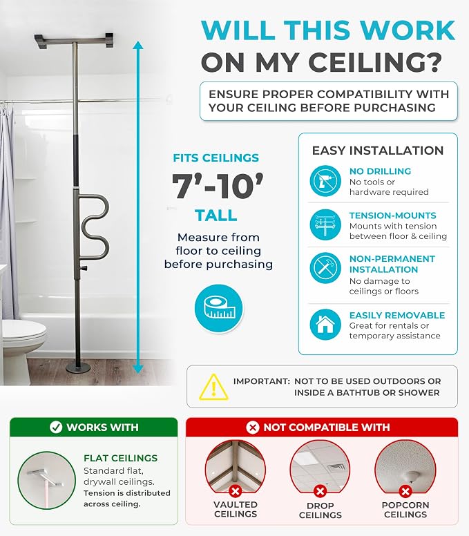 Stander Wonder Pole Plus with Rotating Double Grab Bar, Tension Mounted Security Pole for Seniors & Elderly Adults, No-Drill Floor to Ceiling Transfer Pole for Home & Bath Safety, Graphite