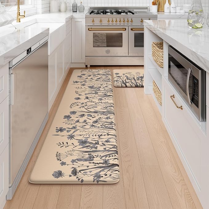 KIMODE Kitchen Anti Fatigue Mats, Farmhouse Kitchen Rugs Sets of 2, Memory Foam Kitchen Mats for Floor, Waterproof Standing Mat for Sink, Laundry, Office, Desk Brown/Gray 17"x59"+17"x29"