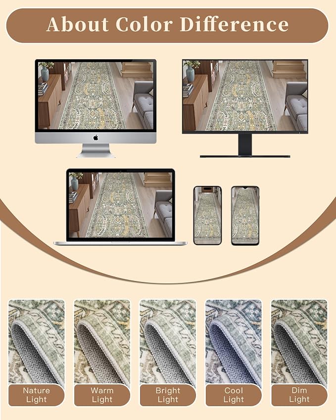 Madane Hallway Runner Rug 2x12, Extra Long Washable Runner Rugs with Rubber Backing, Non Slip Carpet Runner, Vintage Rug Runners for Kitchen Laundry Room Entryway (Green/Gold, 2'x12')