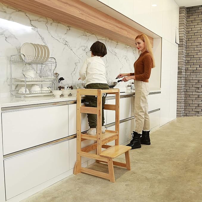 SDADI Mother's Helper Adjustable Height Step Stool Safety Counter Level Learning Toddler Tower for Kitchen and Bathroom, Natural