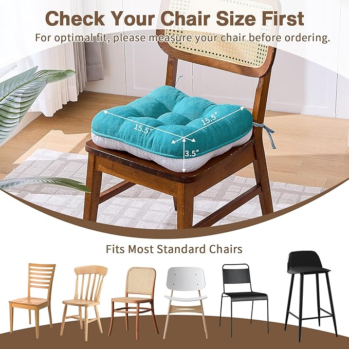 BETU Chair Cushions for Dining Chairs Set of 4,3.5" Thick Kitchen Table Chair Pads with Ties,Non Slip Backing and Covers, Seat Cushion for Dining Room,Bar,Patio Chairs,15.5"X15.5"X3.5",Teal