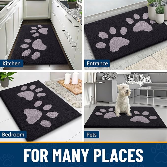 Smiry Dog Door Mat for Muddy Paws, Absorbs Moisture and Dirt, Low-Profile Entryway Mat with Non-Slip Backing, Entry Indoor Outdoor Doormat for Inside Floor (36x24 Inches, Black and Grey, Paw)