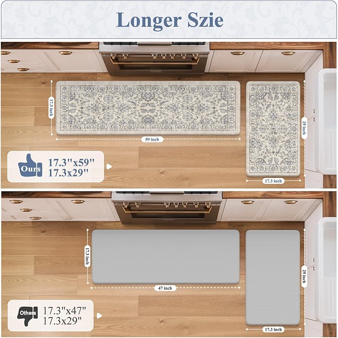 KIMODE Anti Fatigue Kitchen Mats, Floral Distressed Kitchen Rugs Sets of 2, Cushioned Non Skid Kitchen Mats for Floor, Comfort Kitchen Floor Mats for Sink, Laundry, Desk Blue Multi 17"x59"+17"x29"