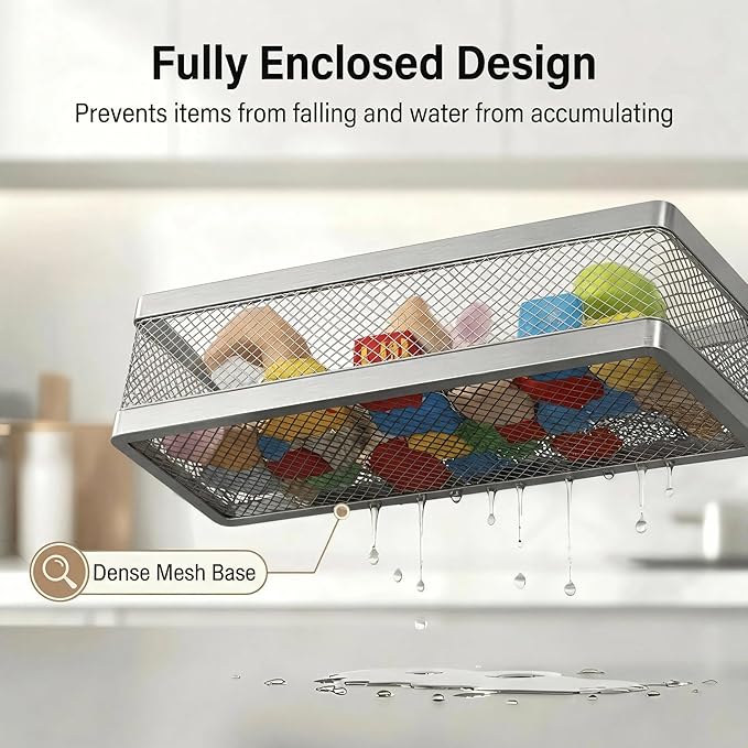 PUSDON 5-in-1 16.5" Extra Long Slim Wall Mount Wrapped Mesh Kitchen Organizer & Shower Caddy Kit, with Paper Towel Holder, Utensil Holder, Soap Dish, Holds 50LBS - Silver Gray, Netting