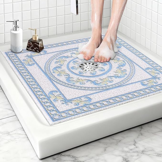 Square Shower Mat Non Slip: 24x24 Inch Extra Large Shower Mats with Drain Hole in Middle -Anti Slip Shower Mats for Inside Shower -Loofah Shower Floor Mat Bath Mat for Shower Stall Bathtub Elderly