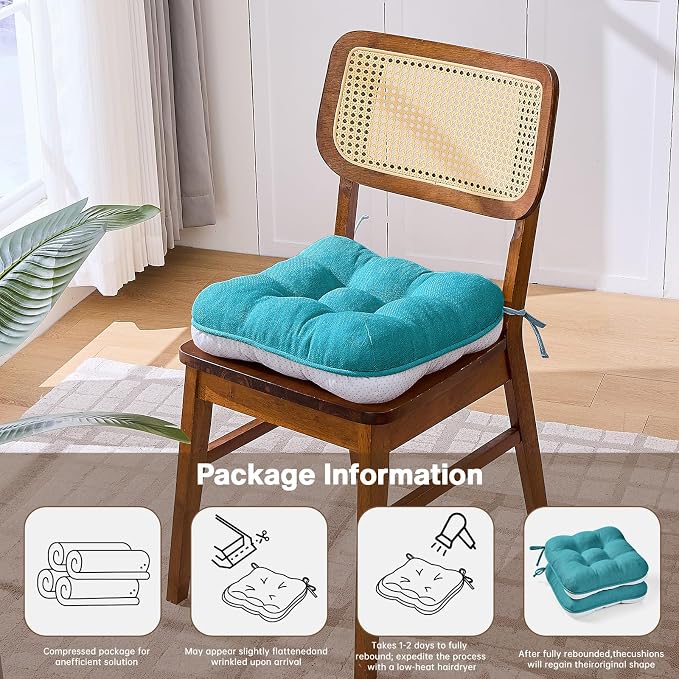BETU Chair Cushions for Dining Chairs Set of 4,3.5" Thick Kitchen Table Chair Pads with Ties,Non Slip Backing and Covers, Seat Cushion for Dining Room,Bar,Patio Chairs,15.5"X15.5"X3.5",Teal
